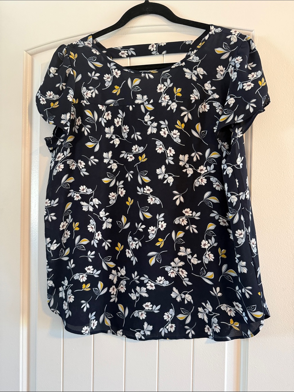 LOFT Navy Floral Short-Sleeve Blouse with Yellow Accents